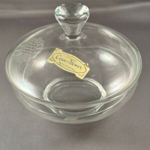 Vintage Crystal Hand  Corn Flower Cut Clear Glass Candy Dish w Lid W.J. Hughes
